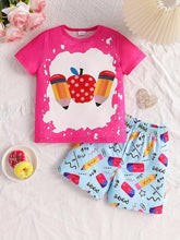 Girl Toddler 2pcs Short Sleeve T-Shirt And Shorts Set, Cartoon Apple & Pencil Print, Summer